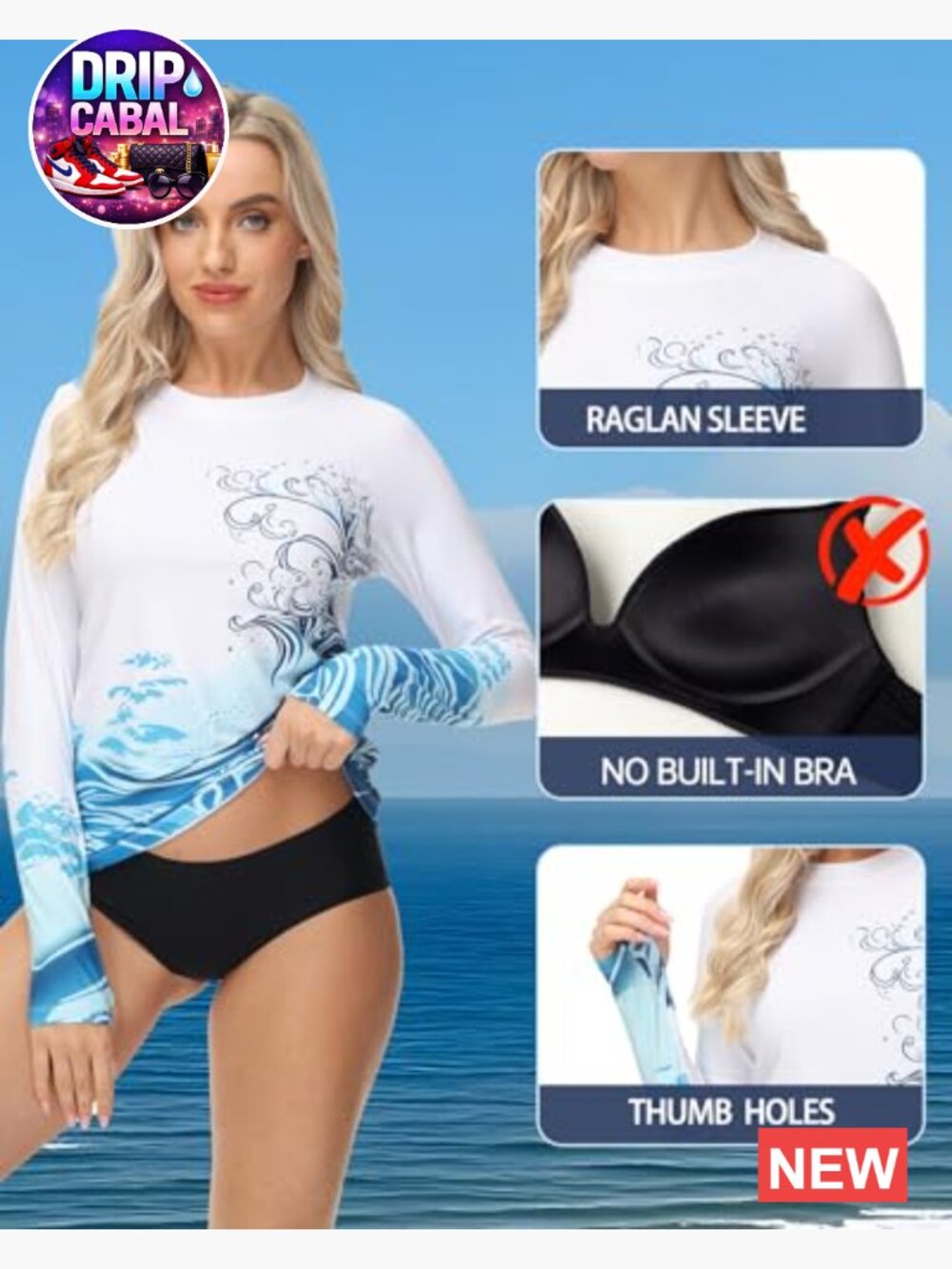 UPF 50+ Long Sleeve Rash Guard Swim Shirt with Thumb Hole Quick Dry - Picture 4 of 7
